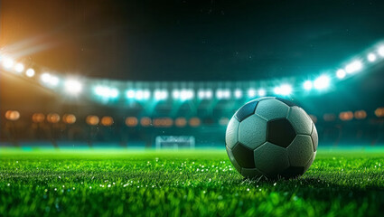 Soccer Ball  on Green, Grass Football Pitch / field in a  stadium at Night.  Bright Lights Shine from Blurred Background Stands. Sports Background with Copy space