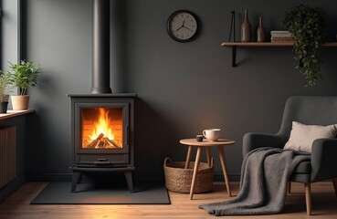 Burning wood stove in gray Scandinavian living room. Interior with iron fireplace, armchair, plants, books, decor on shelf. Flame burns inside modern stove, providing warmth, comfort, cosiness.