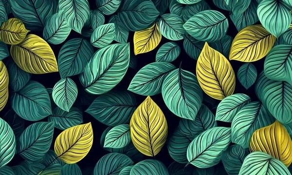 Seamless tropical pattern featuring vibrant green and yellow leaves