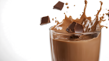 A glass of chocolate milk with chocolate chunks floating in it. Concept of indulgence and enjoyment, as the chocolate milk is a popular treat for many people