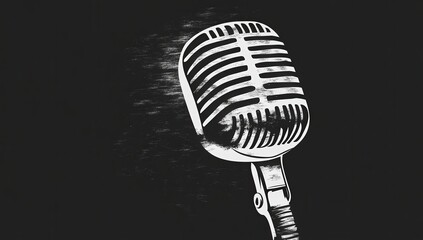 Vintage microphone graphic design in black and white.  A classic symbol of music, broadcasting, and communication.