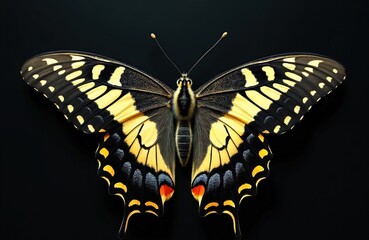 Close-up photo of beautiful butterfly with yellow spots on black wings against black background. Insect sits still ready for detailed macro shot. Wildlife animal isolated, copyspace for insect