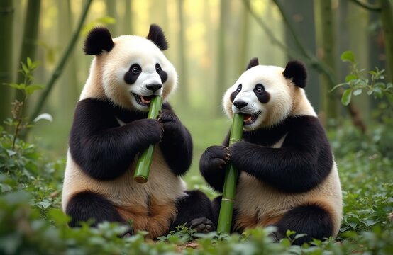 Two happy panda bears munching on bamboo stalks in the forest. Cute mammal animals eating bamboo in lush habitat, endangered wild species conservation, panda park photo.