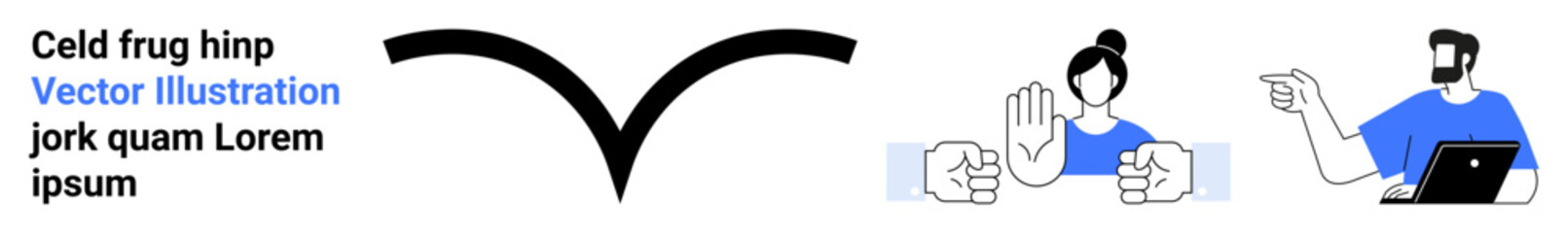 Two colleagues engaging in a discussion, a stop hand gesture, handshake concept, and a stylized arrow. Ideal for teamwork, negotiation, decision-making, conflict resolution, communication