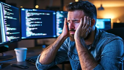 A frustrated programmer surrounded by a chaotic workspace. - Powered by Adobe