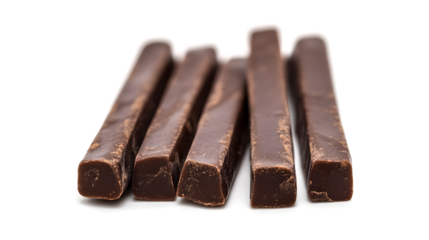 A row of chocolate bars are stacked on top of each other. The bars are all different sizes and shapes, but they all have a similar appearance. Concept of indulgence and luxury