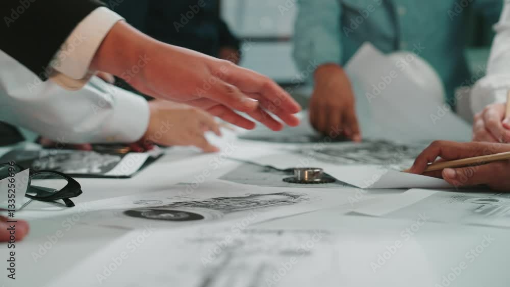 Aufkleber a dynamic office scene showcasing diverse hands engaged in collaborative brainstorming over sketches