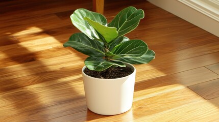 Beautiful fiddle-leaf fig seedling in geometric white planter in indoor space