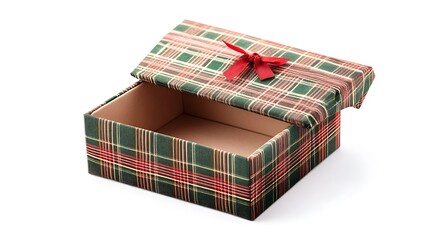 An open gift box with a festive plaid design and a red ribbon, ready for presents.