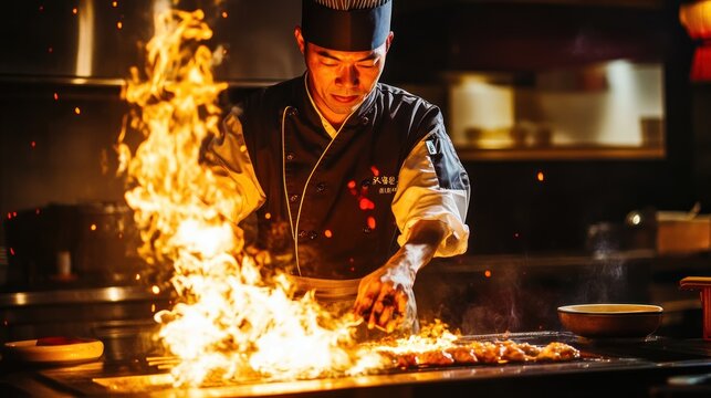 Hibachi chef crafting culinary magic with flames in a restaurant setting