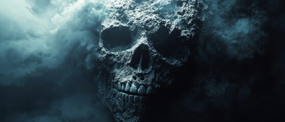 A skull with a mouth open and a cloud of smoke surrounding it