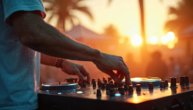 Close-up of DJ hands working mixer at event illuminated by warm golden light of sunset. Man expertly performs, creating lively atmosphere with music, entertainment, celebration and sound.