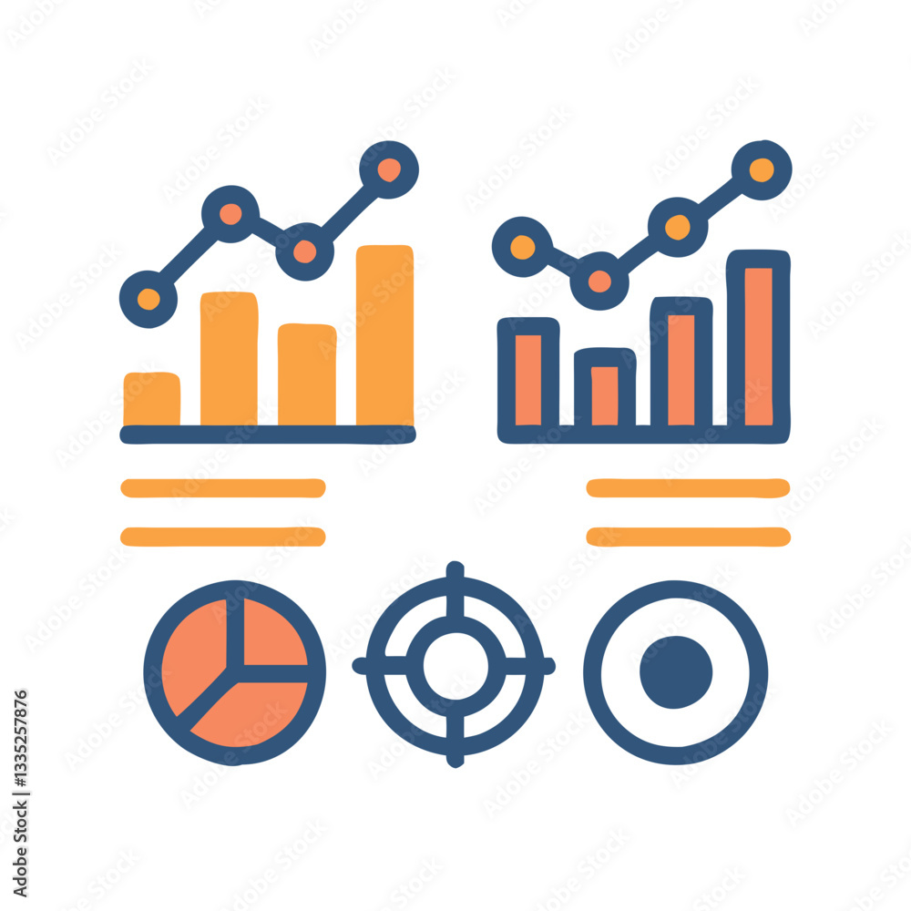 Poster analytics and chart icon set vector – bar graphs, line charts, pie, target, and data elements in fla