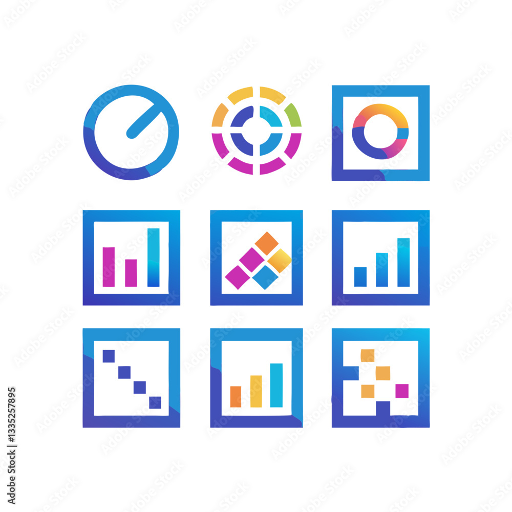 Poster colorful data analytics icon set vector – gradient charts, graphs, and dashboard elements in flat de