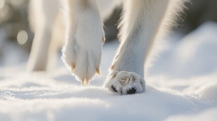 Naklejka premium A close-up of a white fox's delicate paw stepping onto fresh snow, leaving a crisp imprint behind.
