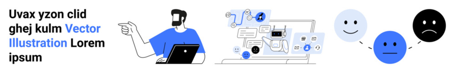 Man discussing analytics on laptop screen, pointed chat bubbles, and happy face emotions in blue tones. Ideal for business, technology, customer feedback, user experience, communication, analytics