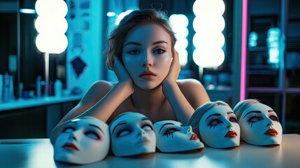 A young woman with an enigmatic expression sits in a modern, neon-lit room, surrounded by multiple theatrical masks, symbolizing identity, emotions, and transformation.