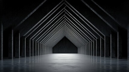 A black and white image of a long hallway with a triangular ceiling.