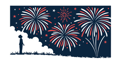 Fototapeta premium Night Sky Fireworks Display Boy Watching Celebration Summer