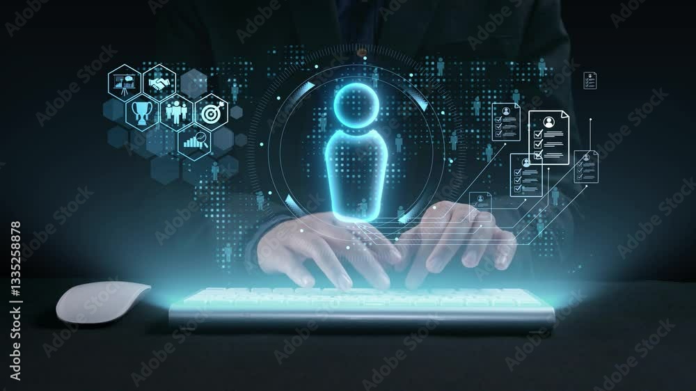 Poster an engaging visual of hands typing on a sleek keyboard, with floating icons and a digital user inter