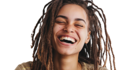 Young woman with dreadlocks laughing with closed eyes on transparent background