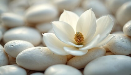 Fototapeta premium Elegant white magnolia blossom lies among smooth white stones. Flower petals surround central arrangement on minimalist clean background. Subtle light enhances zen mood. Serenity, calm, balance,