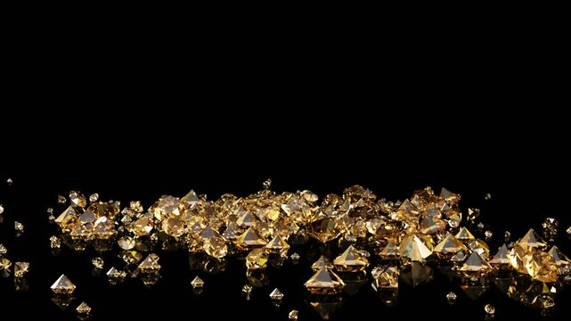 Lot of sparkling citrine crystal falling on a black table. Falling jewelry close up.