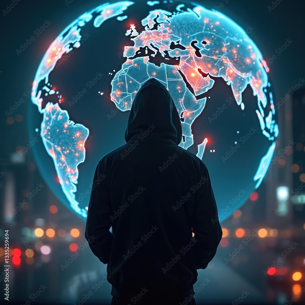 Fototapete hacker in hoodie stands before digital globe, global cyber threats, attacks. silhouette represents a