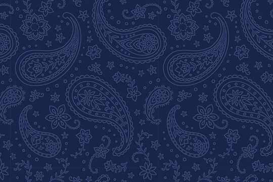 Seamless Paisley Print Line Art Vector Pattern in Navy and Blue Combo
