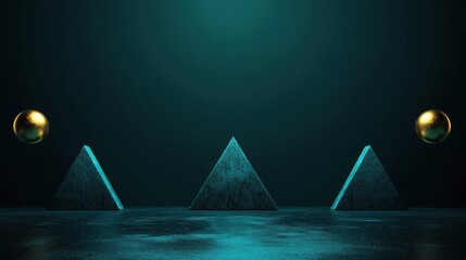 A dark blue room with three pyramid-shaped objects and two gold spheres.
