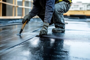Obraz premium Close-up of a construction worker applying a dark, reflective sealant to a rooftop. The worker's hands and tools are the focal point, showcasing meticulous detail.