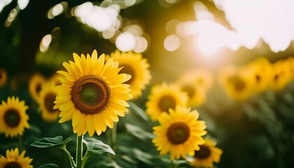 Fototapeta premium A breathtaking field of yellow sunflowers sways gently in the summer breeze as golden sunrays filter through lush greenery, creating a magical atmosphere Generative AI