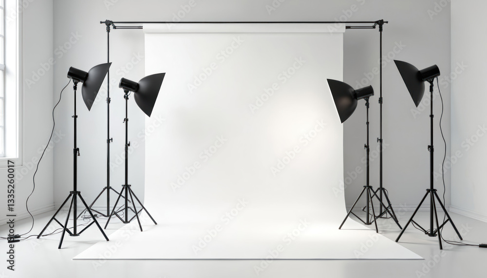 Poster photo studio setup, blank backdrop. black light stands illuminate white background creating minimali