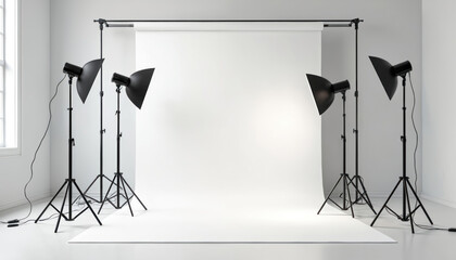 Photo studio setup, blank backdrop. Black light stands illuminate white background creating minimalist template, mockup space. Professional photography stage for product presentation, model shoots