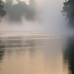 Misty Forest's Untouched Reflection on a Tranquil River Waterscape
