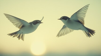 Obraz premium Two birds in flight, sunrise backdrop