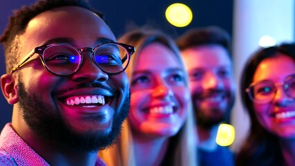 A dynamic team rejoices over their accomplishments in a lively office setting.