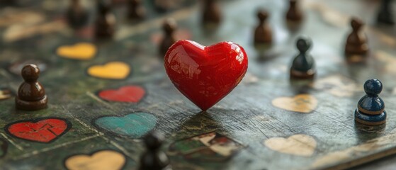 A red heart sits on a game board surrounded by game pieces.  A symbolic image of love and games.