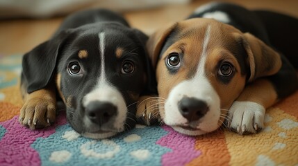 Obraz premium Two adorable puppies lying together on a colorful rug