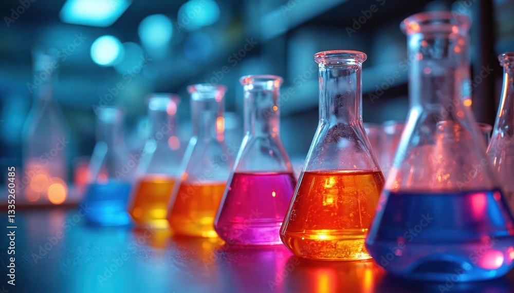 Poster line of colorful laboratory glassware with liquids in academic setting for scientific experiments, c