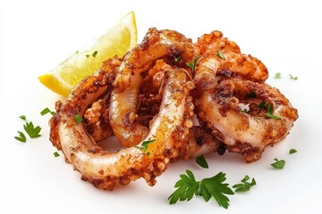 High resolution image of fried squid or calamari rings on white background