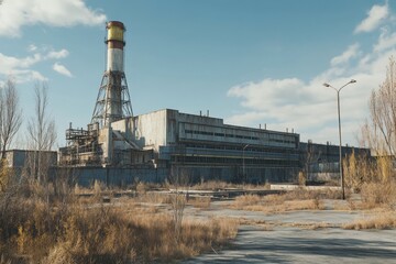 Obraz premium Abandoned Industrial Complex Overgrown Landscape PostApocalyptic Scene Derelict Factory De