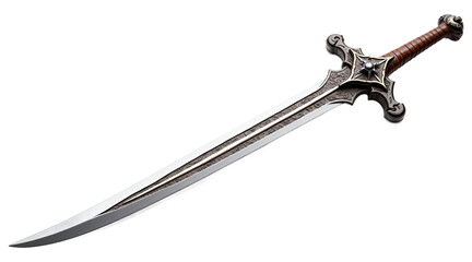 Regal medieval sword isolated on transparent background. Intricate dragon guard, silver blade, brown leather handle. Ideal for historical designs, fantasy games, pirate themes.