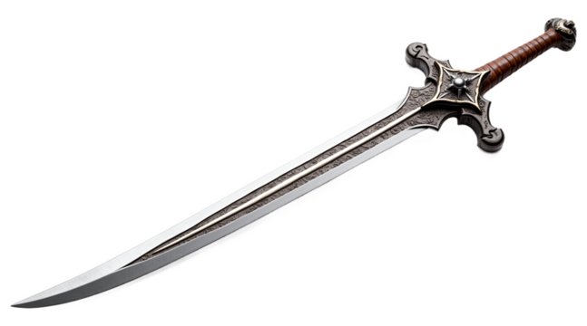 Regal medieval sword isolated on transparent background. Intricate dragon guard, silver blade, brown leather handle. Ideal for historical designs, fantasy games, pirate themes.