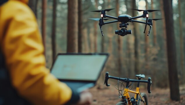 Drone operation in forest with laptop and bike