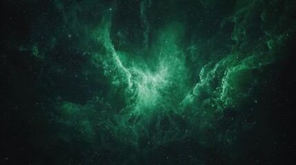 A deep space nebula with swirling green and white clouds.