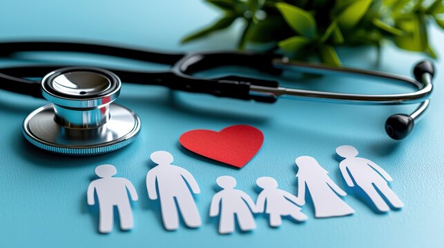 Stethoscope and heart symbolize family care in a balanced and warm composition