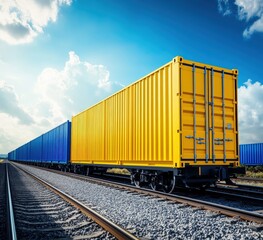 Obraz premium A vibrant yellow cargo container leads a train of blue and yellow containers on a railway track under a bright sunny sky. The scene depicts the efficiency of freight transportation.