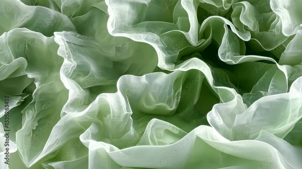 Poster close-up of soft, flowing green prehnite with intricate folds and waves, creating a delicate and tex