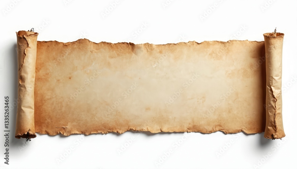 Poster horizontal old papyrus scroll with curled edges isolated on white background. vintage paper texture,